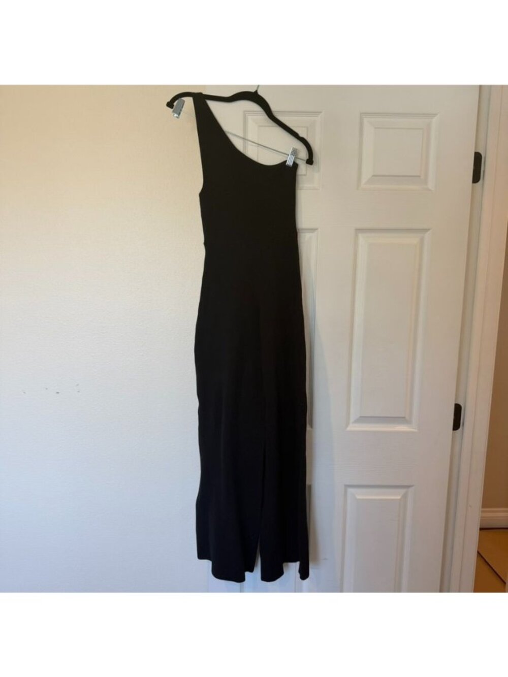 Free People FP Beach Black Ribbed One Shoulder Sweater Wide Leg Jumpsuit Size Sm